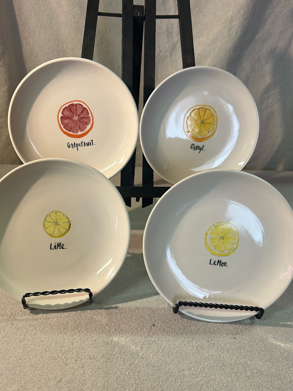 Rae Dunn White Ceramic Citrus Dessert Plates - Yellow, Green, Pink